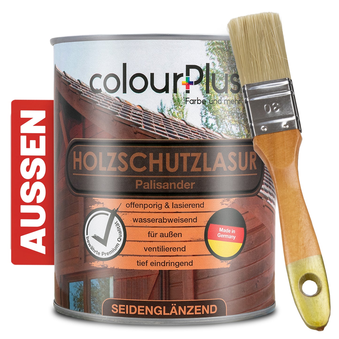ColourPlus Holzschutzlasur Außen Palisander 750 ml seiden glänzend mit Pinsel für langlebigen Schutz und edle Holzoptik.