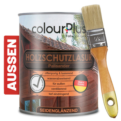 ColourPlus Holzschutzlasur Außen Palisander 750 ml seiden glänzend mit Pinsel für langlebigen Schutz und edle Holzoptik.