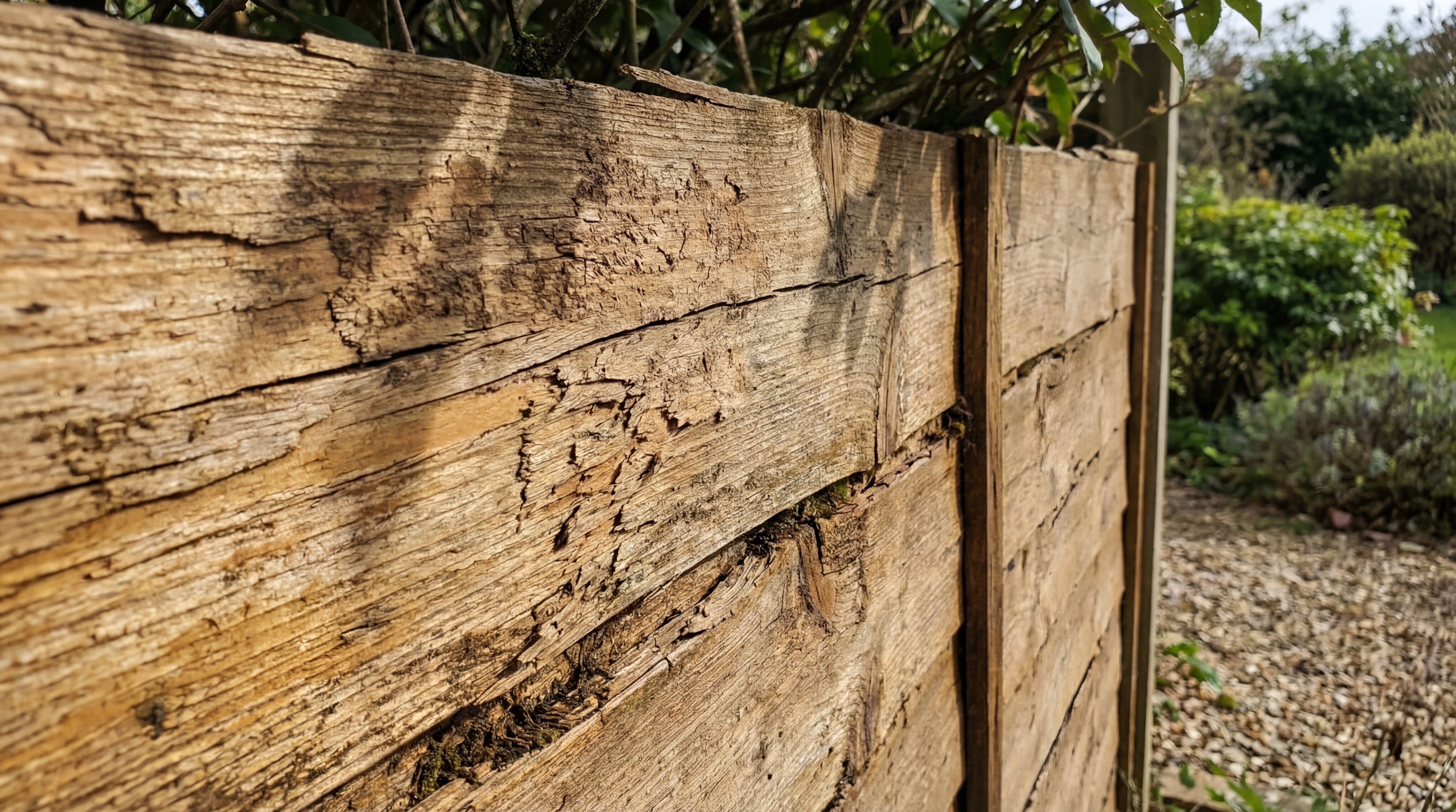 Detailaufnahme eines stark verwitterten Holzzauns mit abgeplatzter Oberfläche vor dem Lasuranstrich
