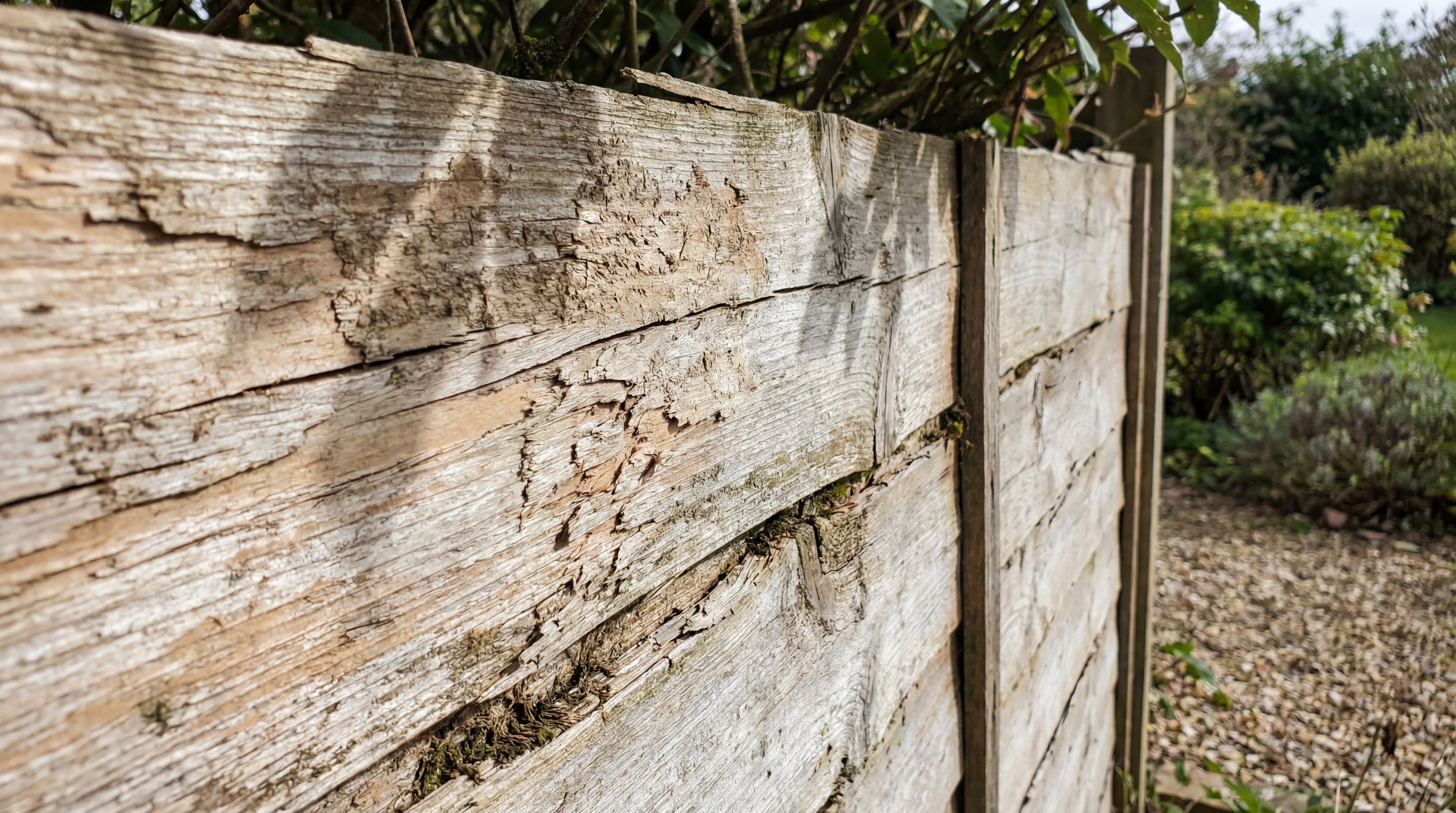 Verwitterter und rissiger Holzzaun im Außenbereich vor der Behandlung mit ColourPlus Holzschutzlasur Außen