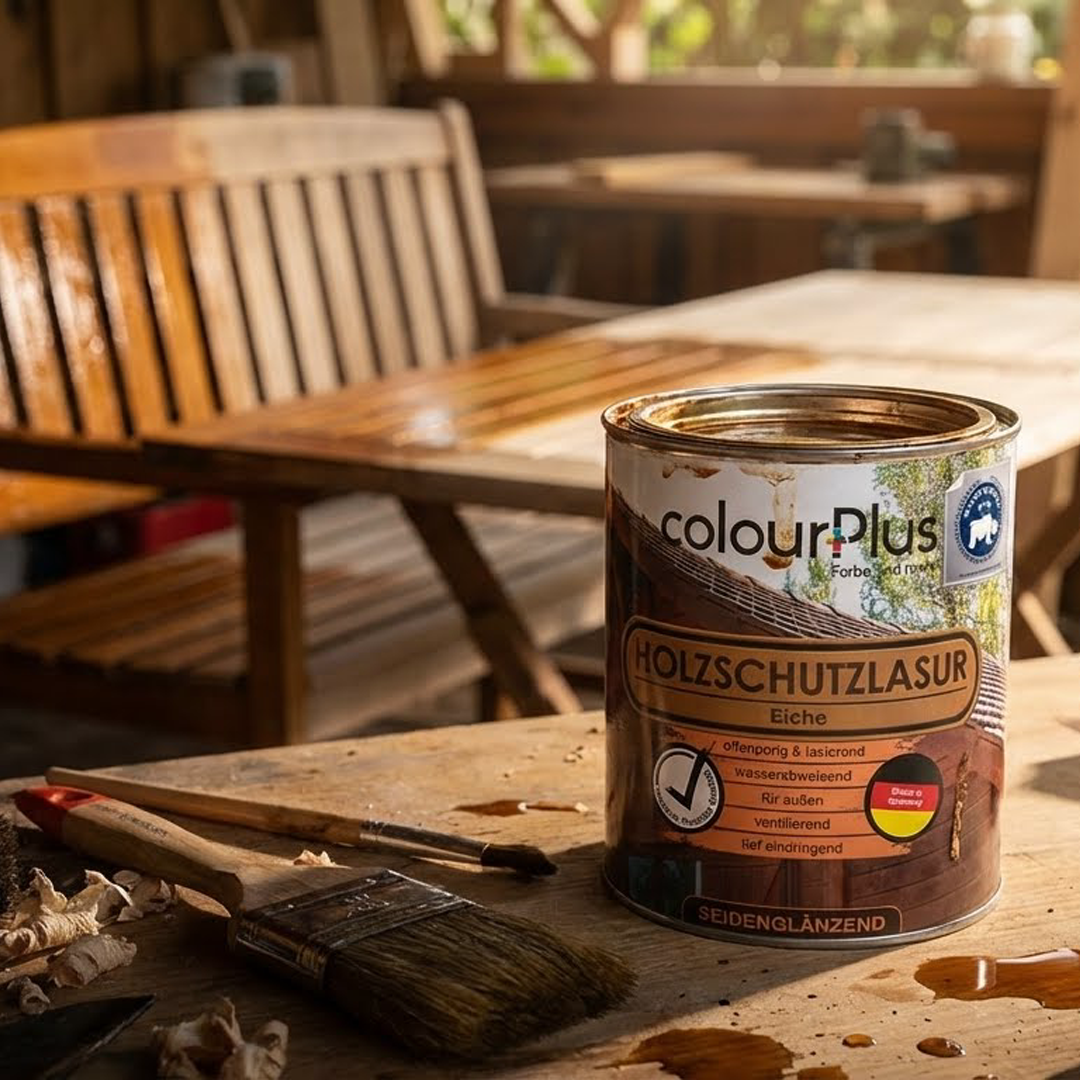 ColourPlus Holzschutzlasur Eiche seidenglänzend auf einem Holztisch mit Pinsel vor Gartenmöbeln im Hintergrund.
