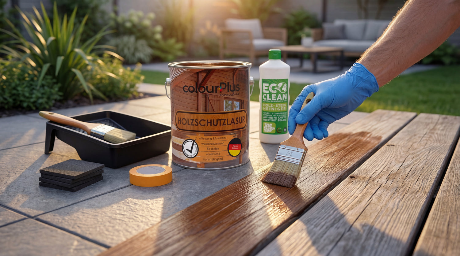 Eine behandschuhte Hand streicht colourPlus Holzschutzlasur mit einem Pinsel gleichmäßig auf Holzdielen einer Terrasse