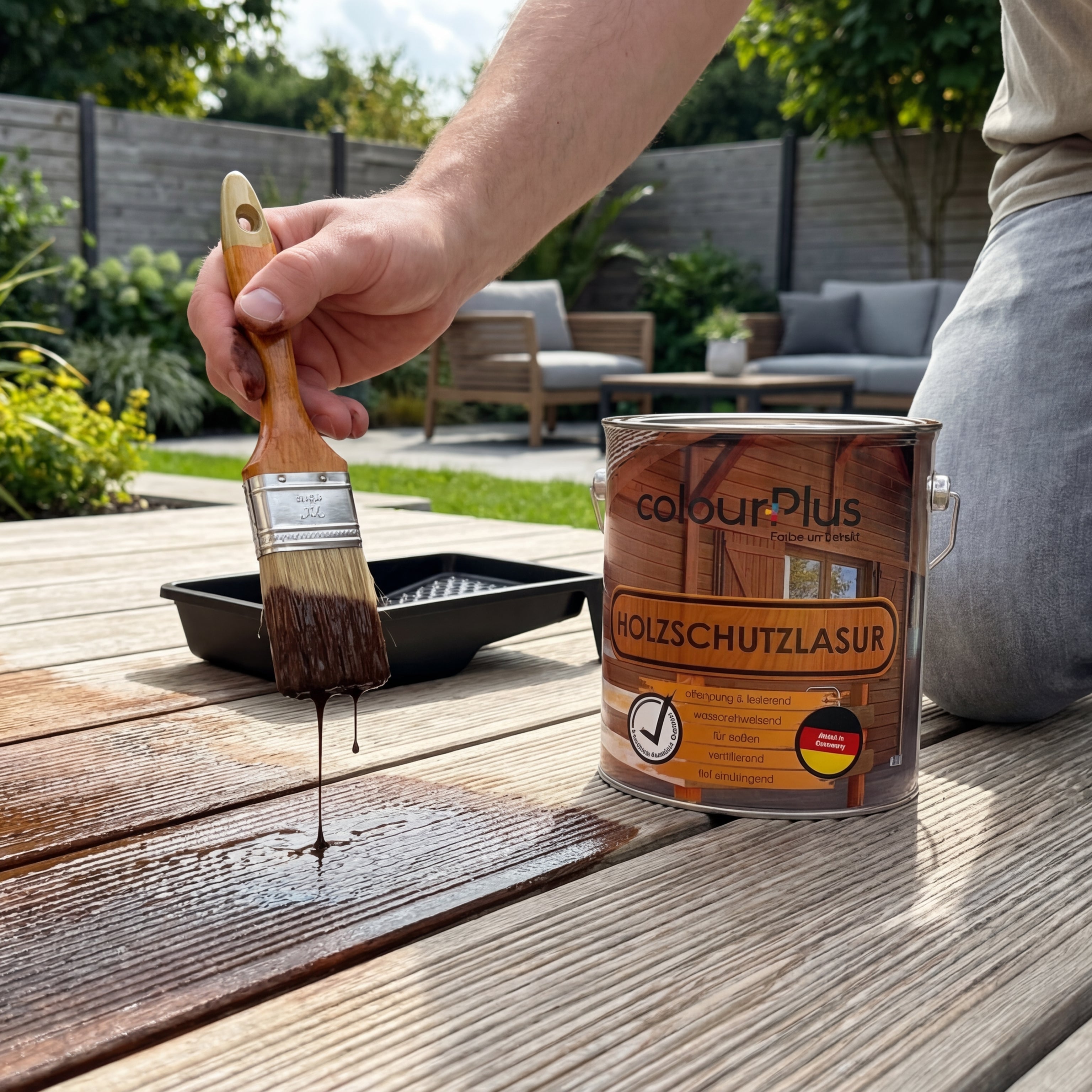 Eine Person streicht colourPlus Holzschutzlasur mit einem Pinsel auf Holzdielen einer Terrasse im Garten