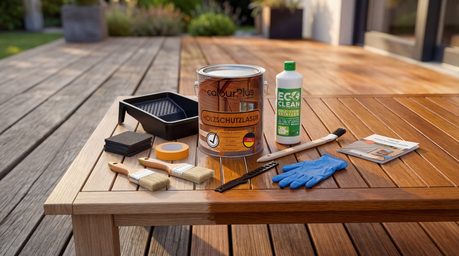 Holztisch auf einer Terrasse mit halb behandelter Oberfläche und colourPlus Holzschutzlasur sowie Zubehör daneben