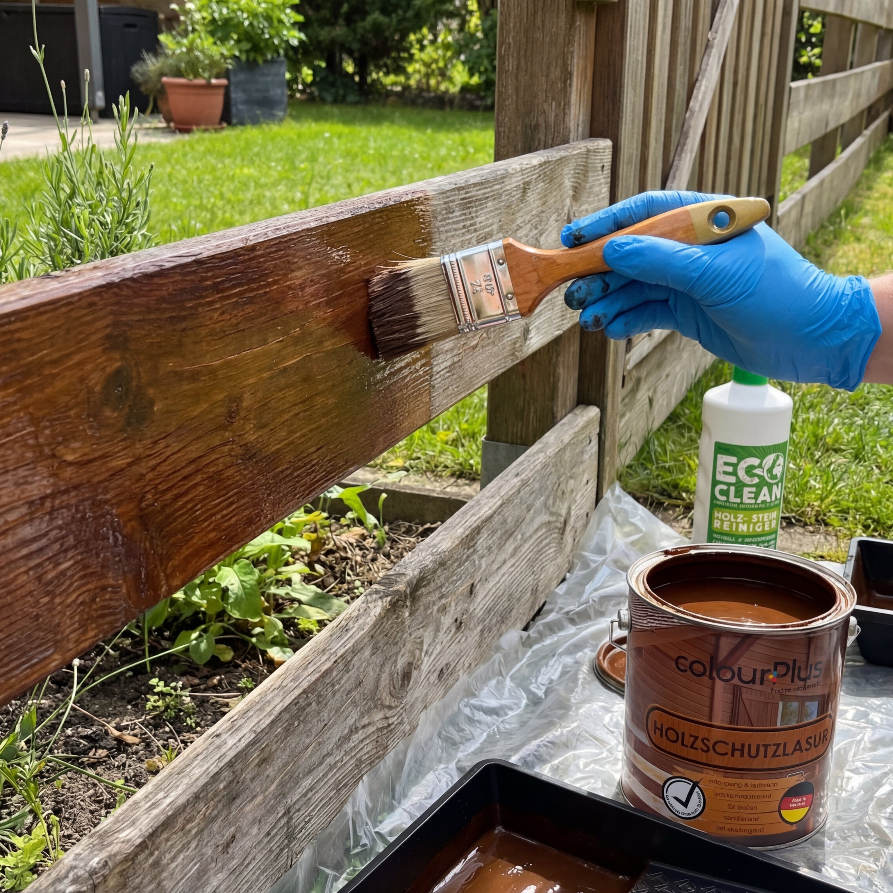 Eine Person mit Handschuh trägt colourPlus Holzschutzlasur mit einem Pinsel auf einen Holzzaun im Garten auf