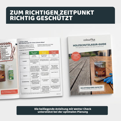 Aufgeschlagener colourPlus Holzschutzlasur System-Guide mit Anleitung und Planungshinweisen für Außenholzprojekte