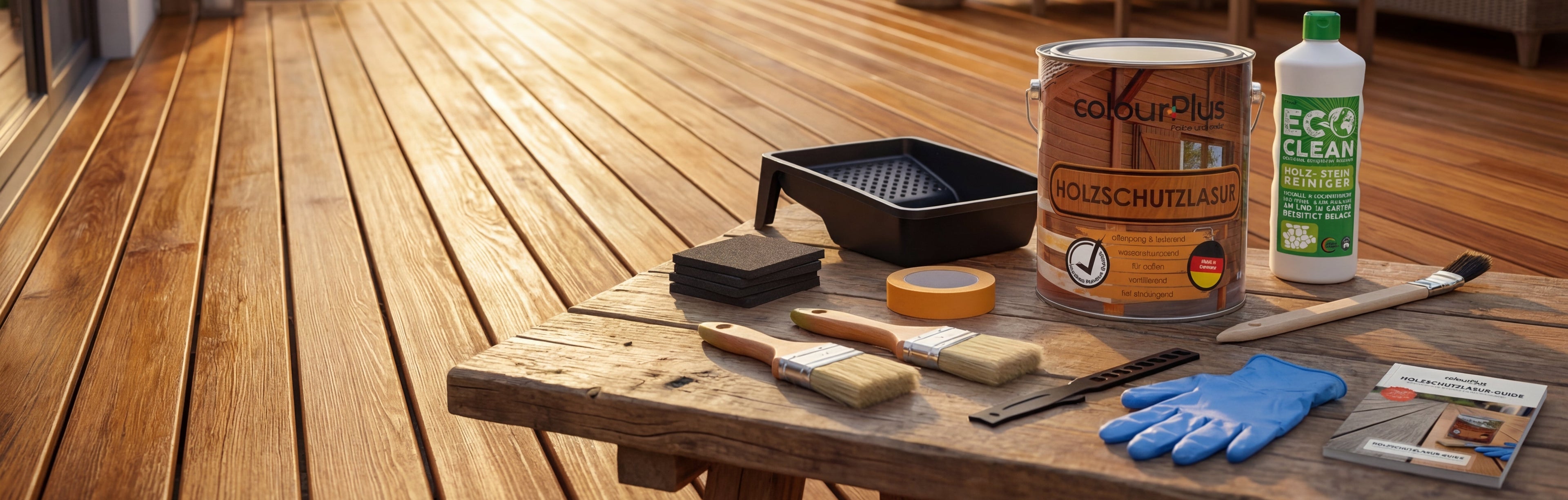 colourPlus Holzschutzlasur Dose mit Reinigungsmittel, Pinseln, Schleifpads und Zubehör auf einem Holztisch auf der Terrasse