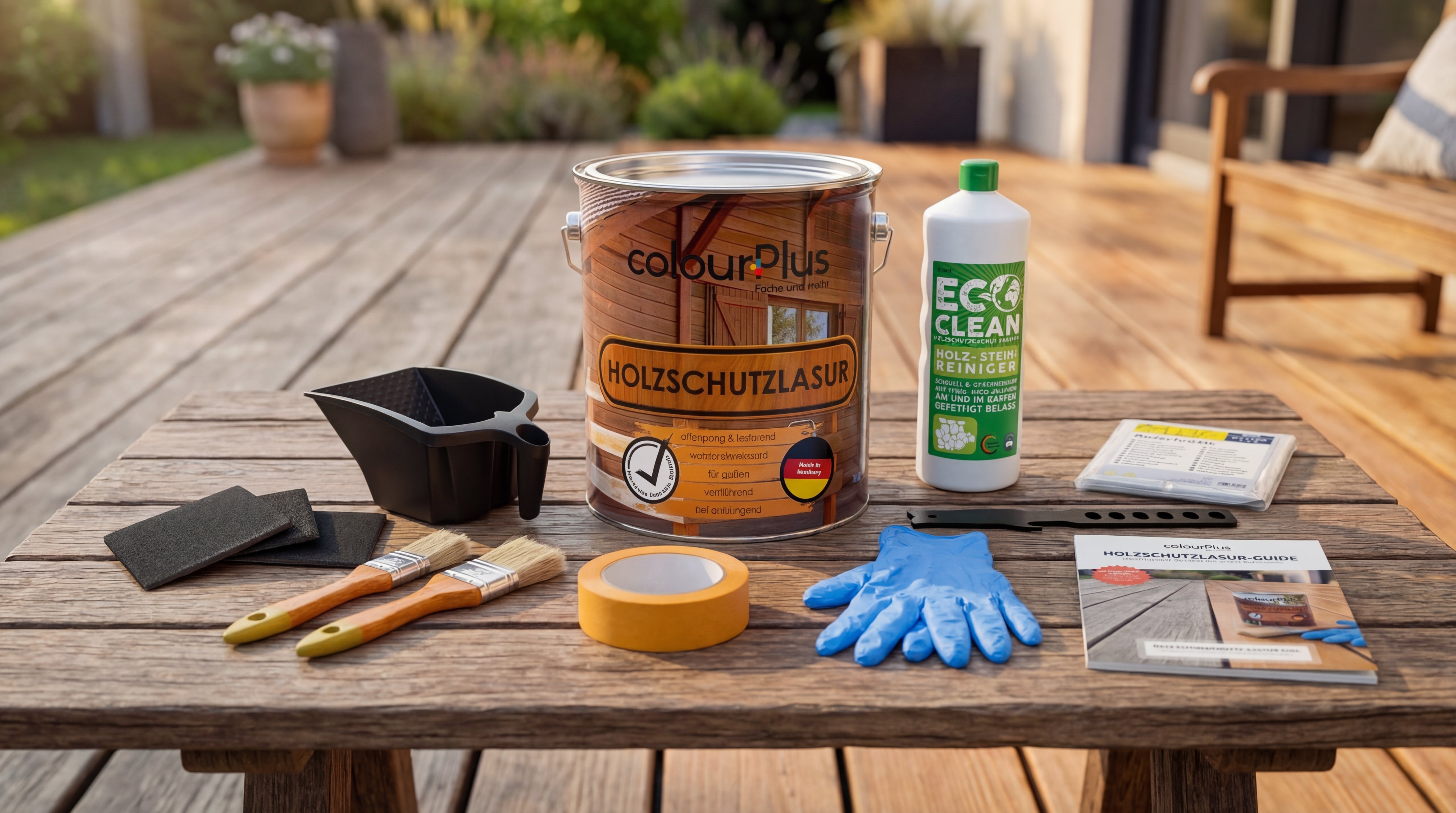 colourPlus Holzschutzlasur mit Eco Clean Holz Stein Reiniger, Pinseln, Schleifpads, Handschuhen und Werkzeug auf einem Tisch im Garten