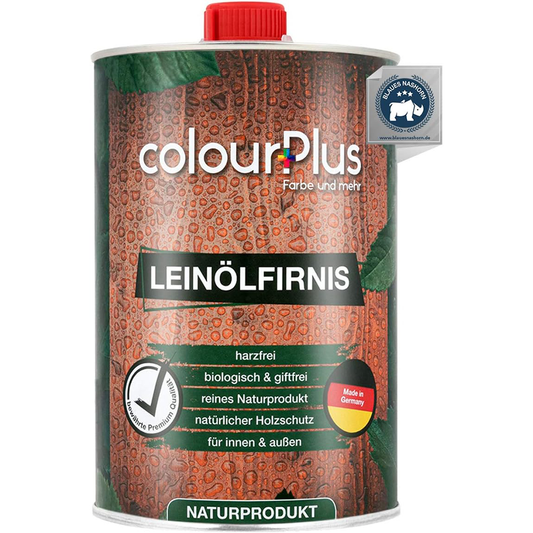 1L Dose ColourPlus Leinölfirnis mit rotem Schraubverschluss und Etikett für natürlichen Holzschutz