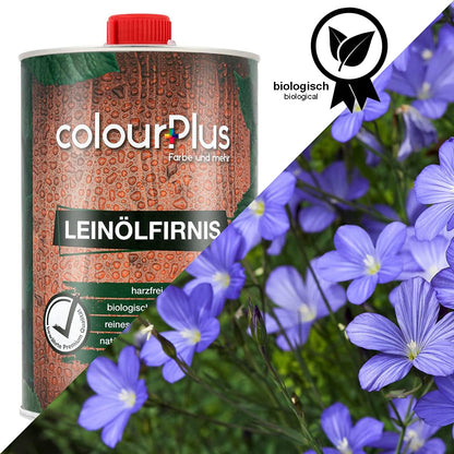 ColourPlus Leinölfirnis als biologisches Naturprodukt auf Pflanzenölbasis dargestellt mit Leinpflanzen