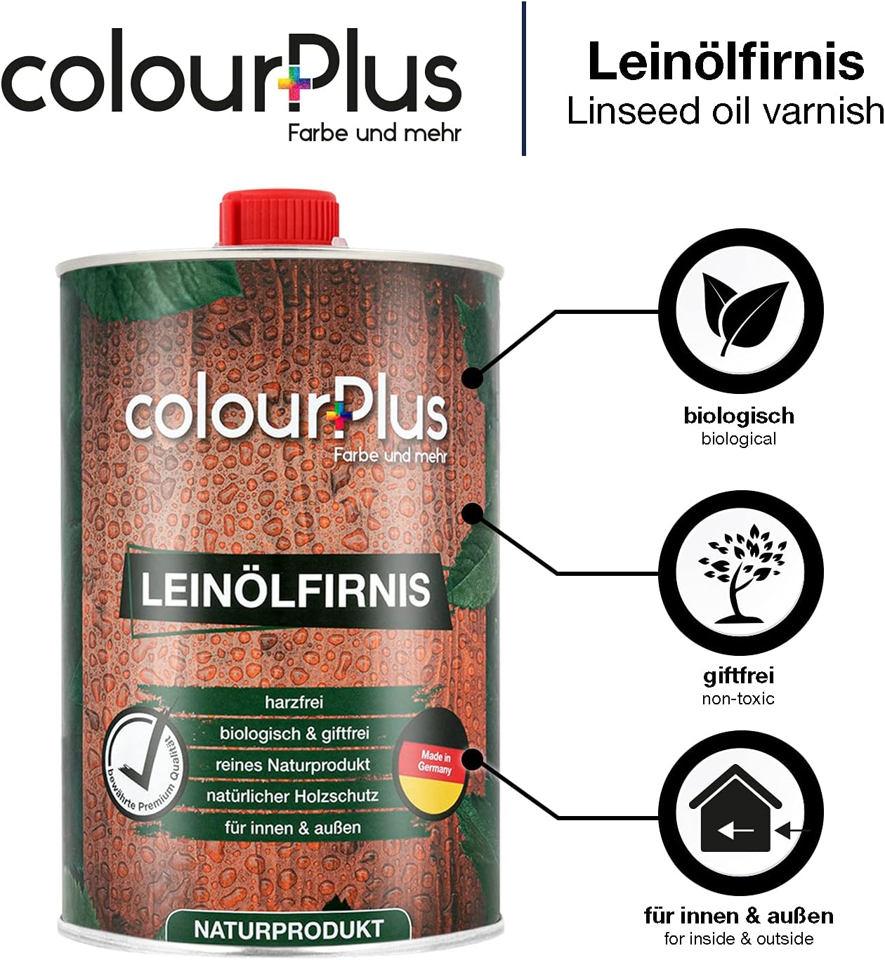 Infografik zu ColourPlus Leinölfirnis mit Hinweisen auf biologische und giftfreie Eigenschaften für innen und außen