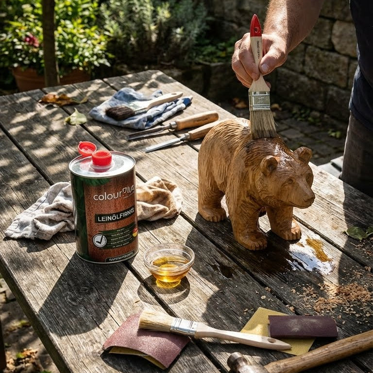 Anwendung von ColourPlus Leinölfirnis auf einer geschnitzten Holzfigur im Außenbereich