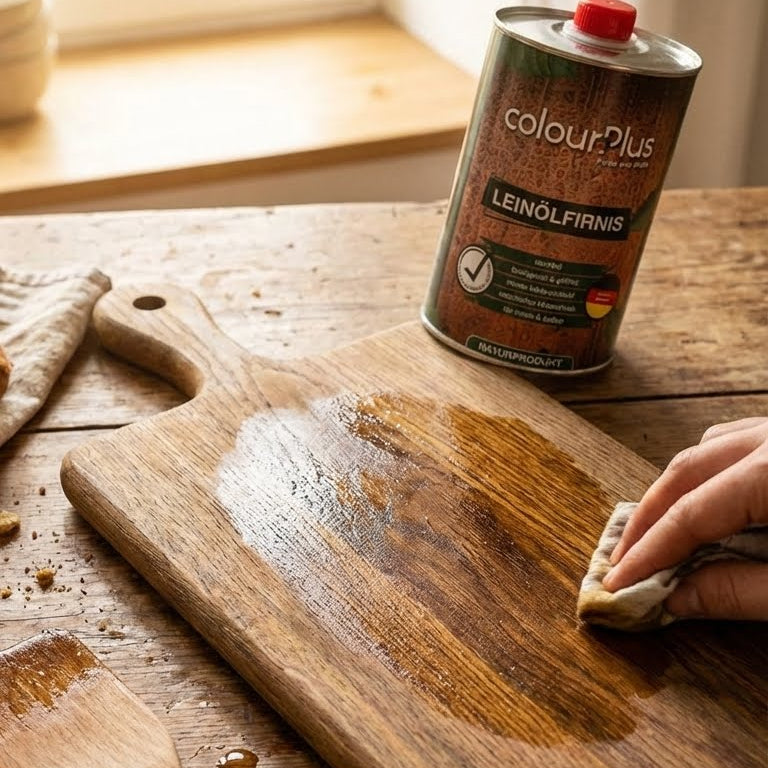 Pflege eines Holzschneidebretts mit ColourPlus Leinölfirnis im Innenbereich