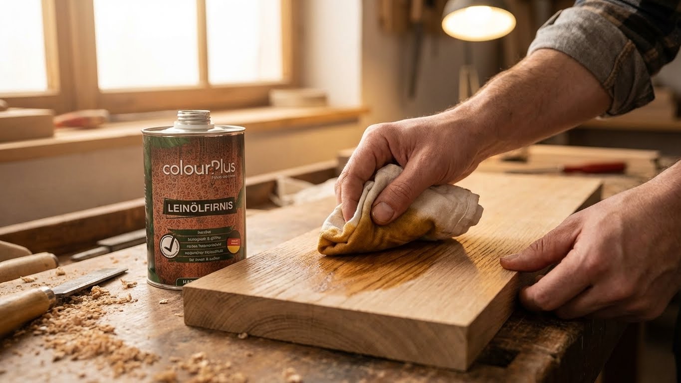 Verarbeitung von ColourPlus Leinölfirnis auf einem Holzbrett in einer Werkstatt
