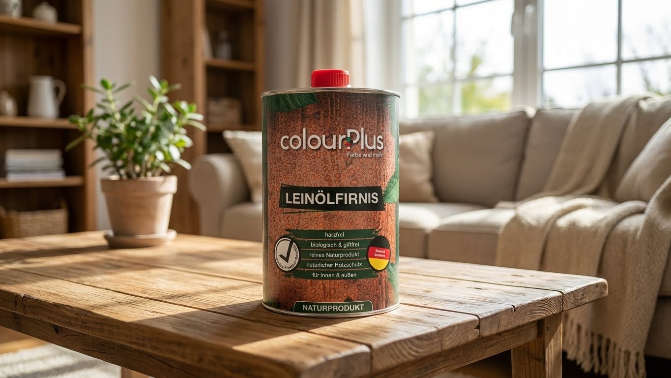Dose ColourPlus Leinölfirnis auf einem Holztisch in einem Wohnraum
