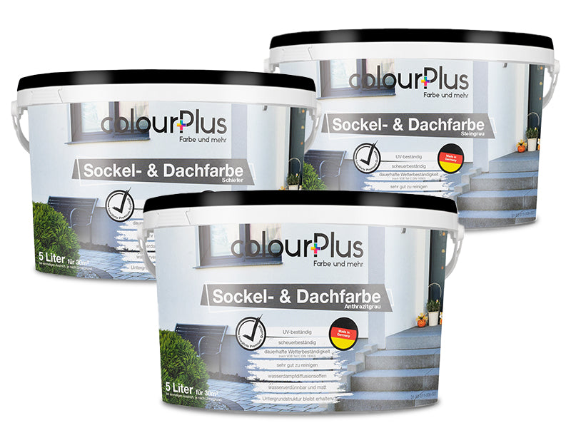 Drei 5 Liter Eimer ColourPlus Sockel- und Dachfarbe in den Farbvarianten Schiefer, Steingrau und Anthrazitgrau