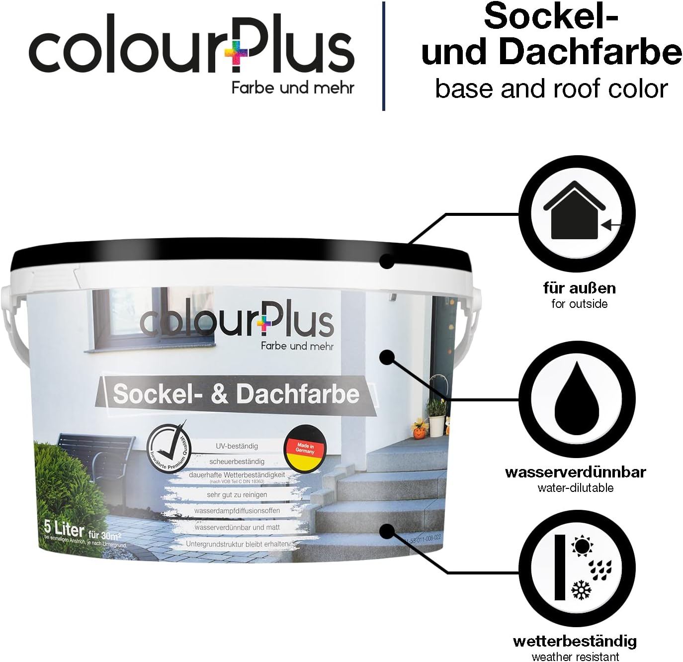 Grafische Darstellung der Eigenschaften der ColourPlus Sockel- und Dachfarbe mit Symbolen zu Aussenanwendung, Wasserverduennbarkeit und Wetterbestaendigkeit