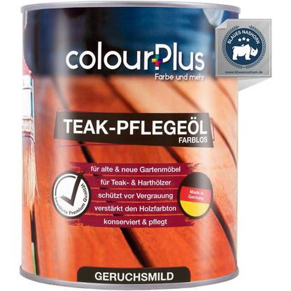 ColourPlus Teak Öl 1 Liter farblos in der Frontansicht mit Produktinformationen auf dem Etikett