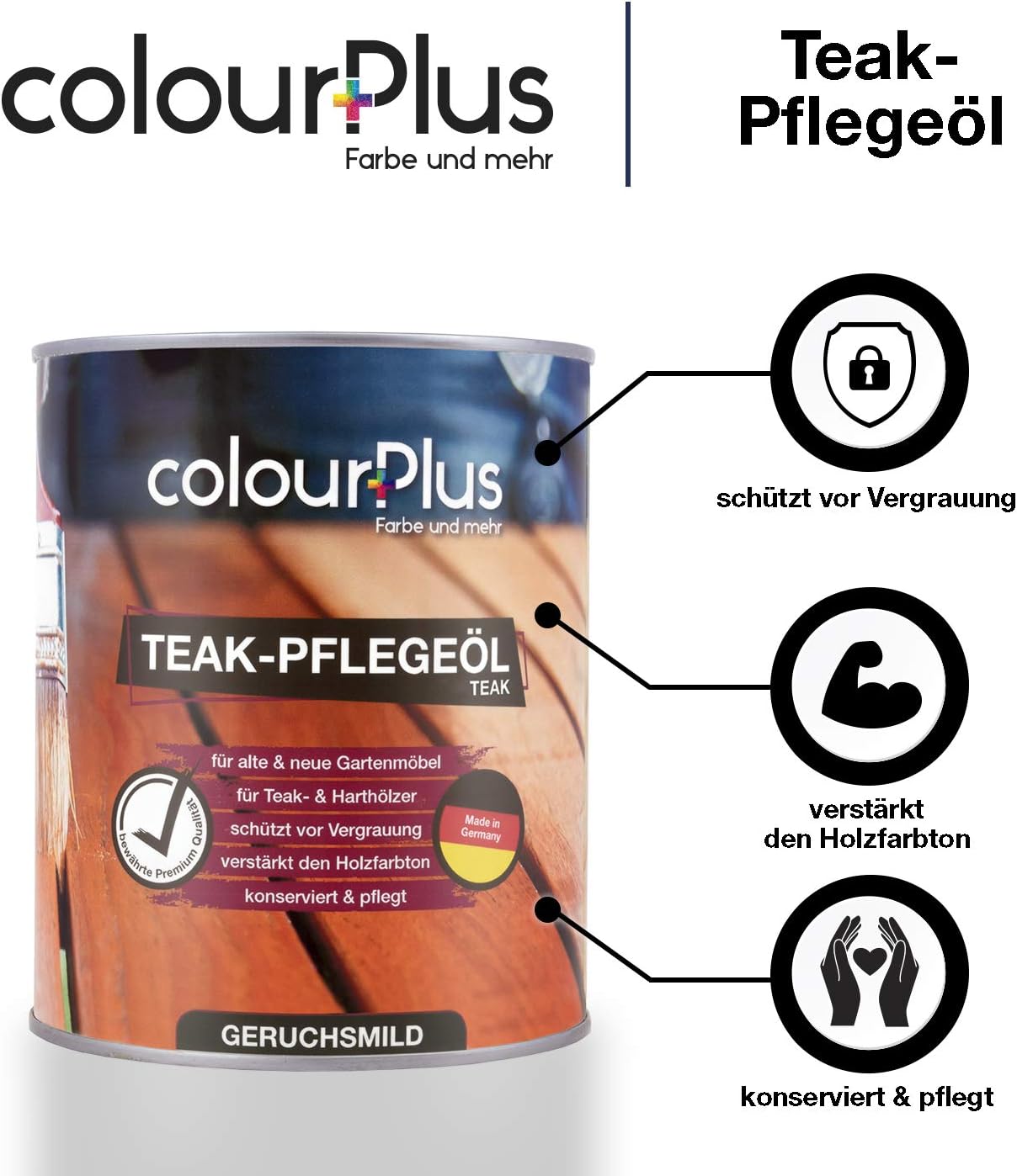 ColourPlus Teak Öl 1 Liter Produktdose mit grafisch dargestellten Vorteilen wie Schutz vor Vergrauung und Pflegewirkung