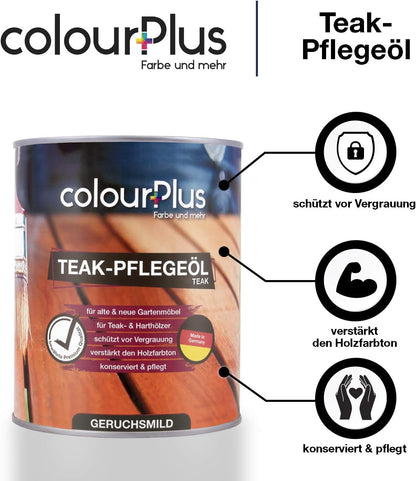 ColourPlus Teak Öl 1 Liter Produktdose mit grafisch dargestellten Vorteilen wie Schutz vor Vergrauung und Pflegewirkung