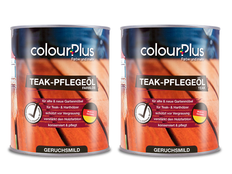ColourPlus Teak Pflegeöl 1 Liter in den Varianten farblos und teak als Produktdosen nebeneinander