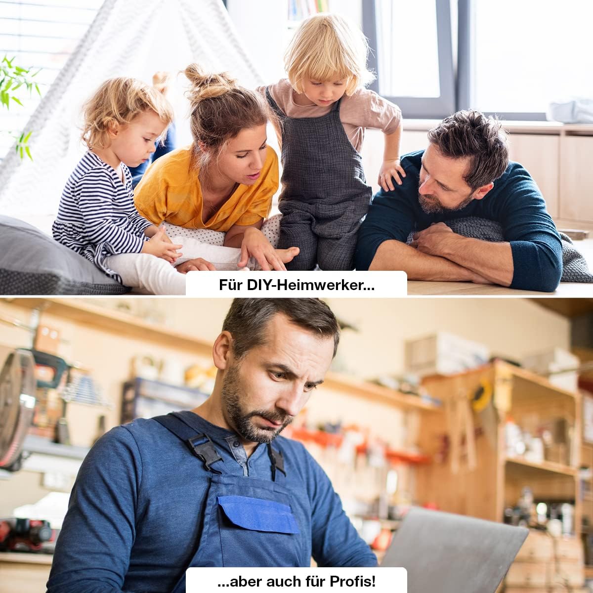 Familie beim Heimwerken und Handwerker in Werkstatt als Anwendungsbeispiel fuer ColourPlus Terrassenöl im Innen- und Aussenbereich