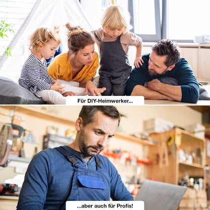 Familie beim Heimwerken und Handwerker in Werkstatt als Anwendungsbeispiel fuer ColourPlus Terrassenöl im Innen- und Aussenbereich