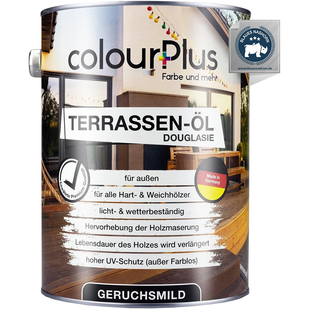 ColourPlus Terrassenöl in der Farbvariante Douglasie als 2,5 Liter Gebinde mit Hinweisen zu UV-Schutz und Holzmaserung