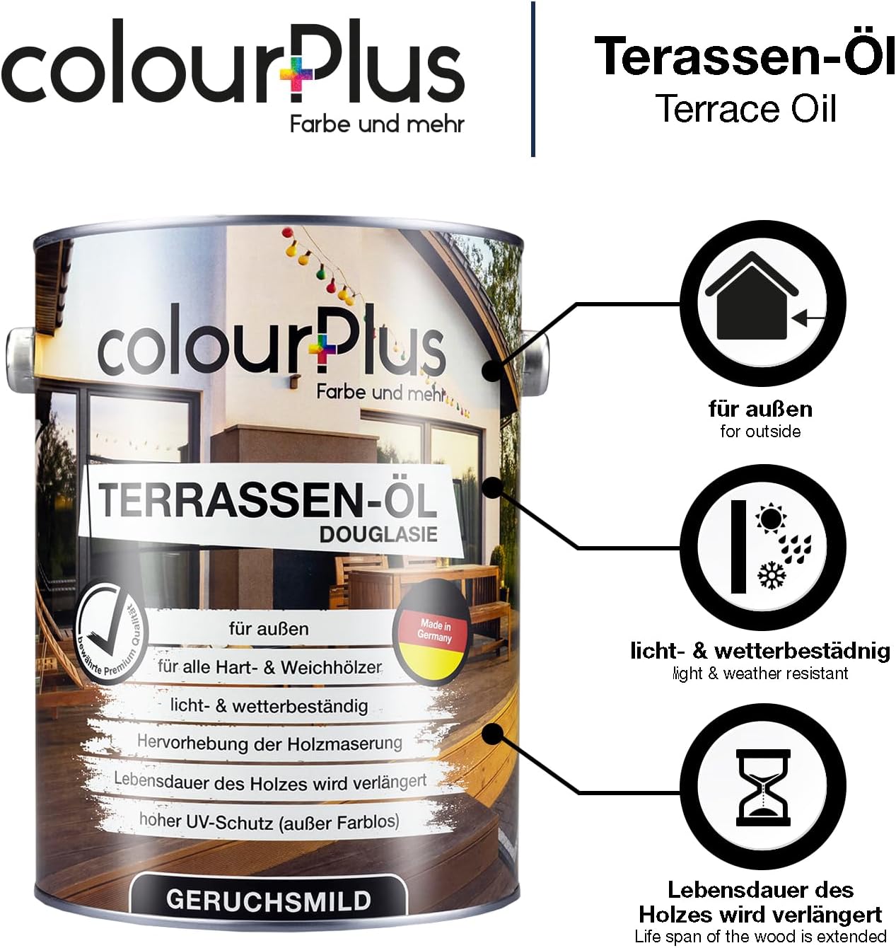 Grafische Darstellung der Vorteile von ColourPlus Terrassenöl Douglasie mit Symbolen zu Witterungsschutz und verlaengerter Lebensdauer