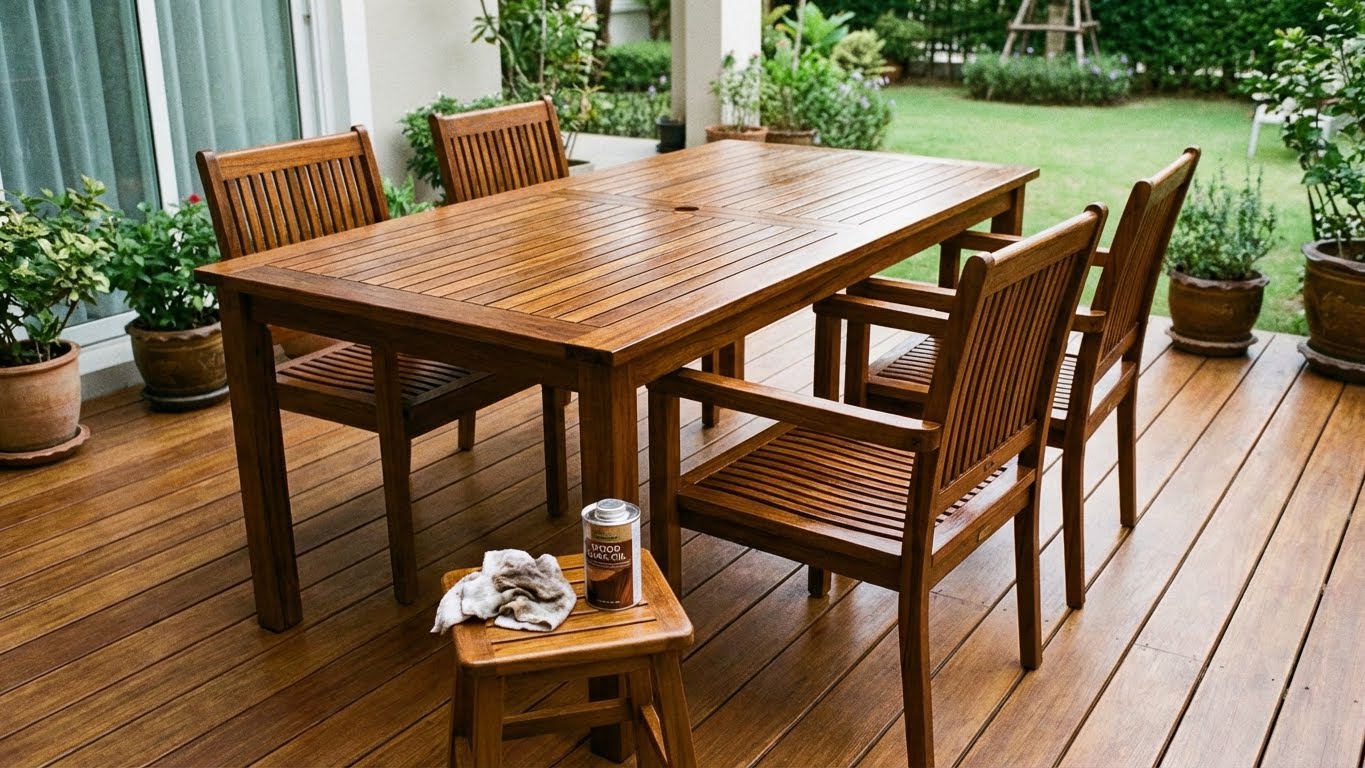 Mit ColourPlus Terrassenöl gepflegter Holztisch und Stuehle auf einer Terrasse im Garten