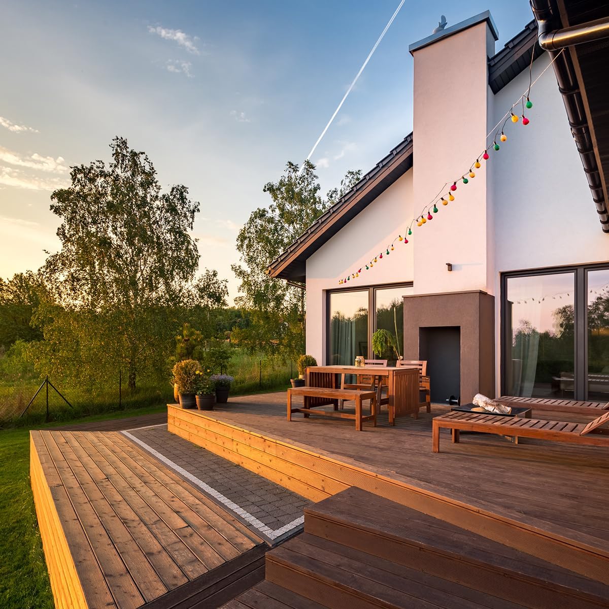 Mit ColourPlus Terrassenöl behandelter Holzterrassenbereich mit Gartenmoebeln an einem modernen Einfamilienhaus im Abendlicht