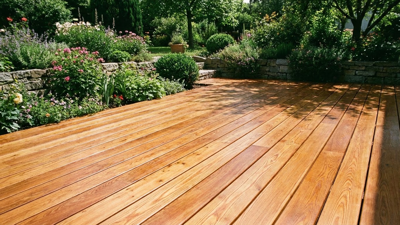 Grossflaechige mit ColourPlus Terrassenöl behandelte Holzterrasse in einem blumenreichen Garten