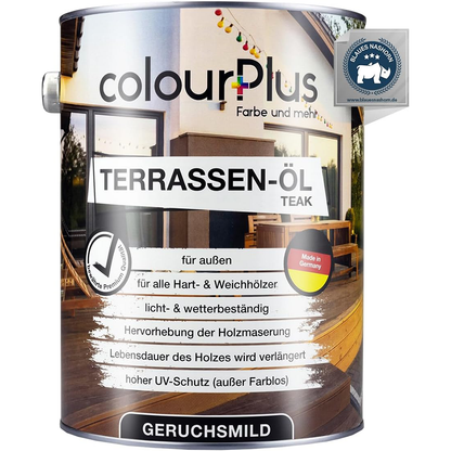 ColourPlus Terrassenöl in der Farbvariante Teak als 2,5 Liter Dose mit Abbildung einer Holzterrasse auf dem Etikett