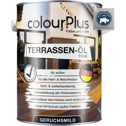 ColourPlus Terrassenöl in der Farbvariante Teak als 2,5 Liter Dose mit Abbildung einer Holzterrasse auf dem Etikett