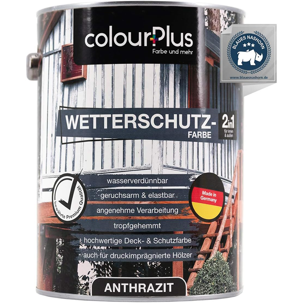 Dose ColourPlus Wetterschutzfarbe 2in1 in Anthrazit mit Angaben zu hochwertiger Deck- und Schutzfarbe für außen.