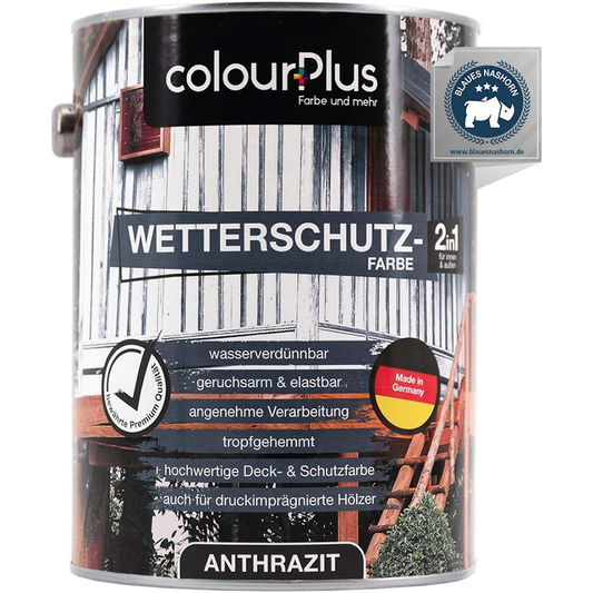 Dose ColourPlus Wetterschutzfarbe 2in1 in Anthrazit mit Angaben zu hochwertiger Deck- und Schutzfarbe für außen.