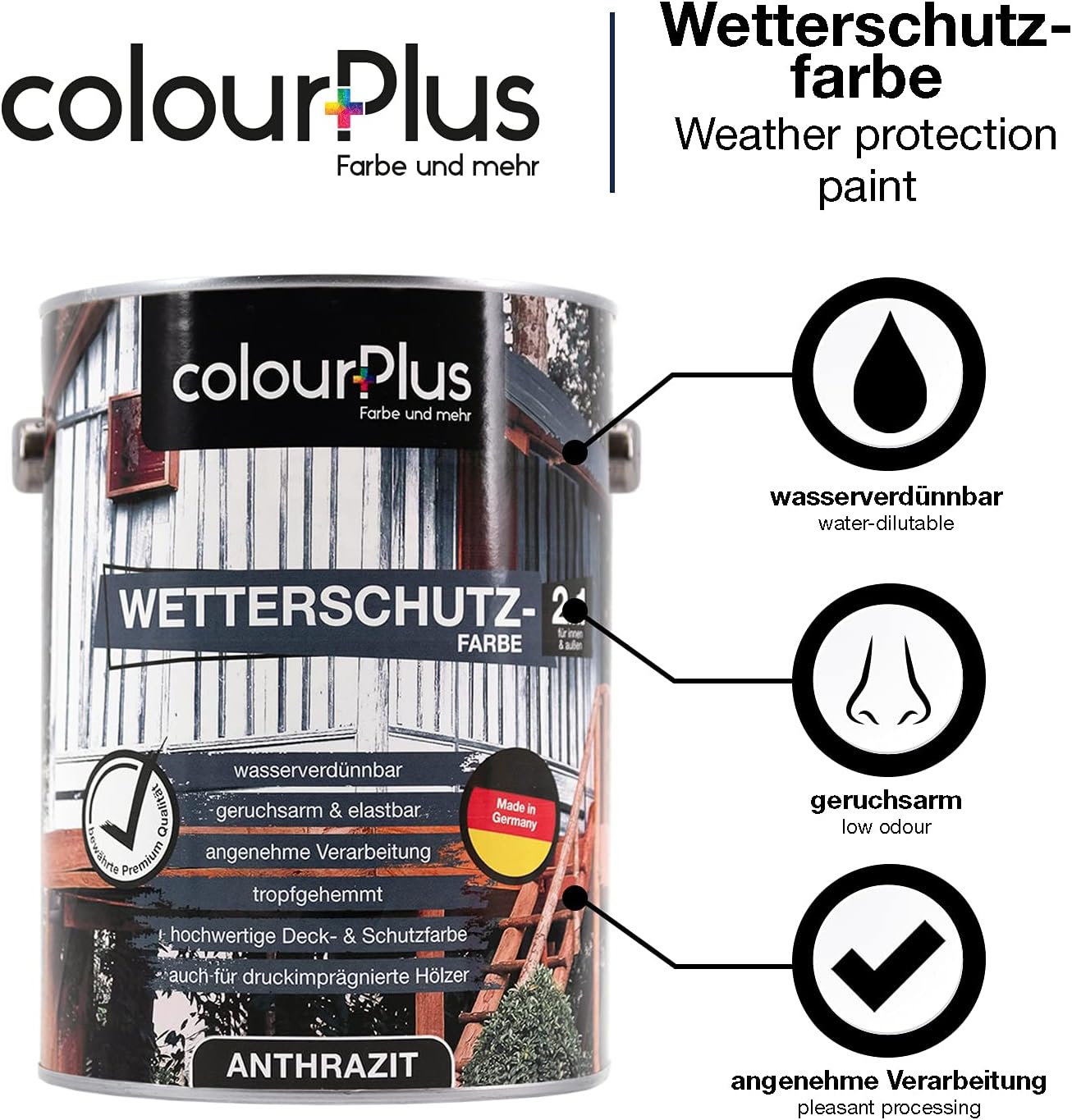 Produktabbildung der ColourPlus Wetterschutzfarbe in Anthrazit mit Symbolen für wasserverdünnbar, geruchsarm und angenehme Verarbeitung.