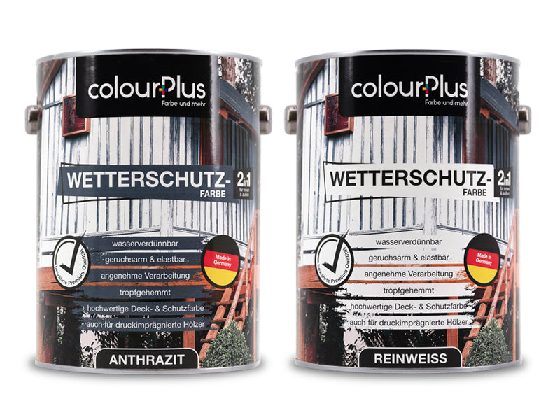 Zwei Dosen ColourPlus Wetterschutzfarbe 2in1 in Anthrazit und Reinweiß mit Hinweisen zu wasserverdünnbar und geruchsarm.