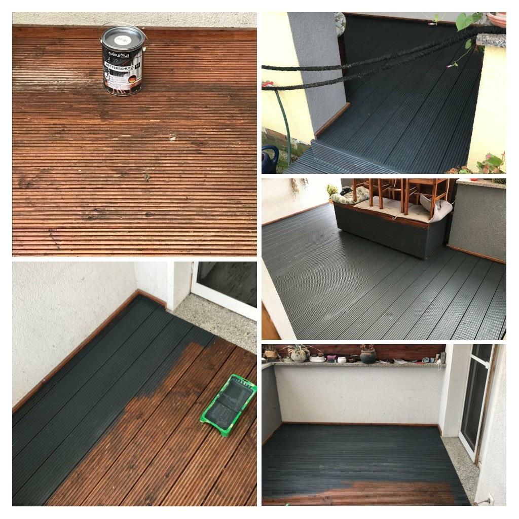 Collage einer Holzterrasse vor und während dem Anstrich mit ColourPlus Wetterschutzfarbe in Anthrazit.