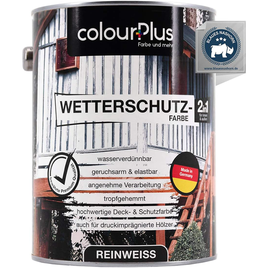 Dose ColourPlus Wetterschutzfarbe 2in1 in Reinweiß mit Hinweisen zu wasserverdünnbar, geruchsarm, elastisch und Made in Germany.