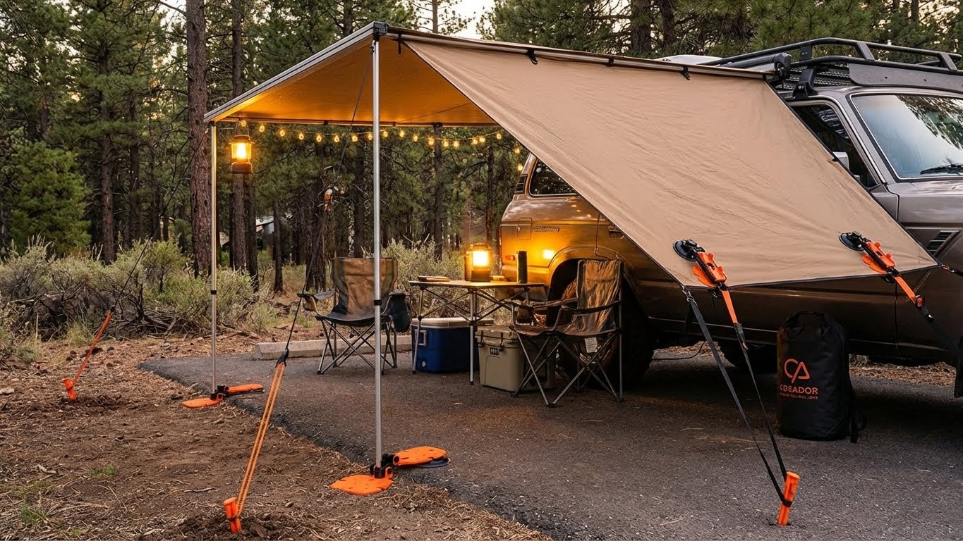 Abendliches Camping-Setup mit beleuchteter Markise, befestigt mit Cosador Markisenhalterungen für sicheren Stand im Gelände.