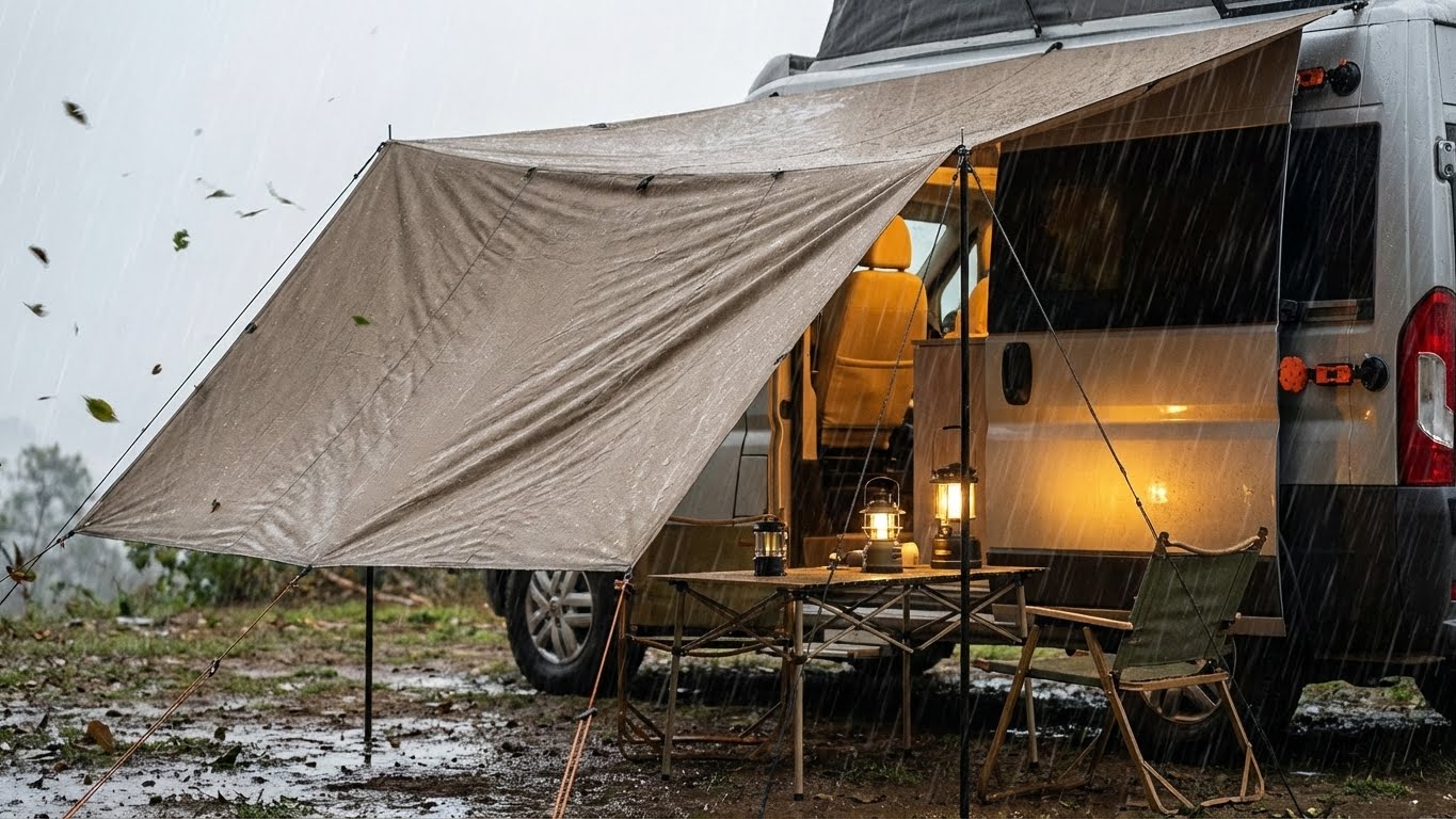 Wohnmobil mit Markise bei Regen, gesichert durch Cosador Markisenhalterungen für zuverlässigen Halt bei schlechtem Wetter.