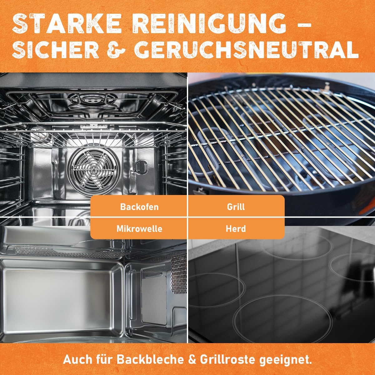 Collage mit Backofen, Grill, Mikrowelle und Herd als Einsatzbereiche des Eco Clean Backofen- und Grillreinigers.