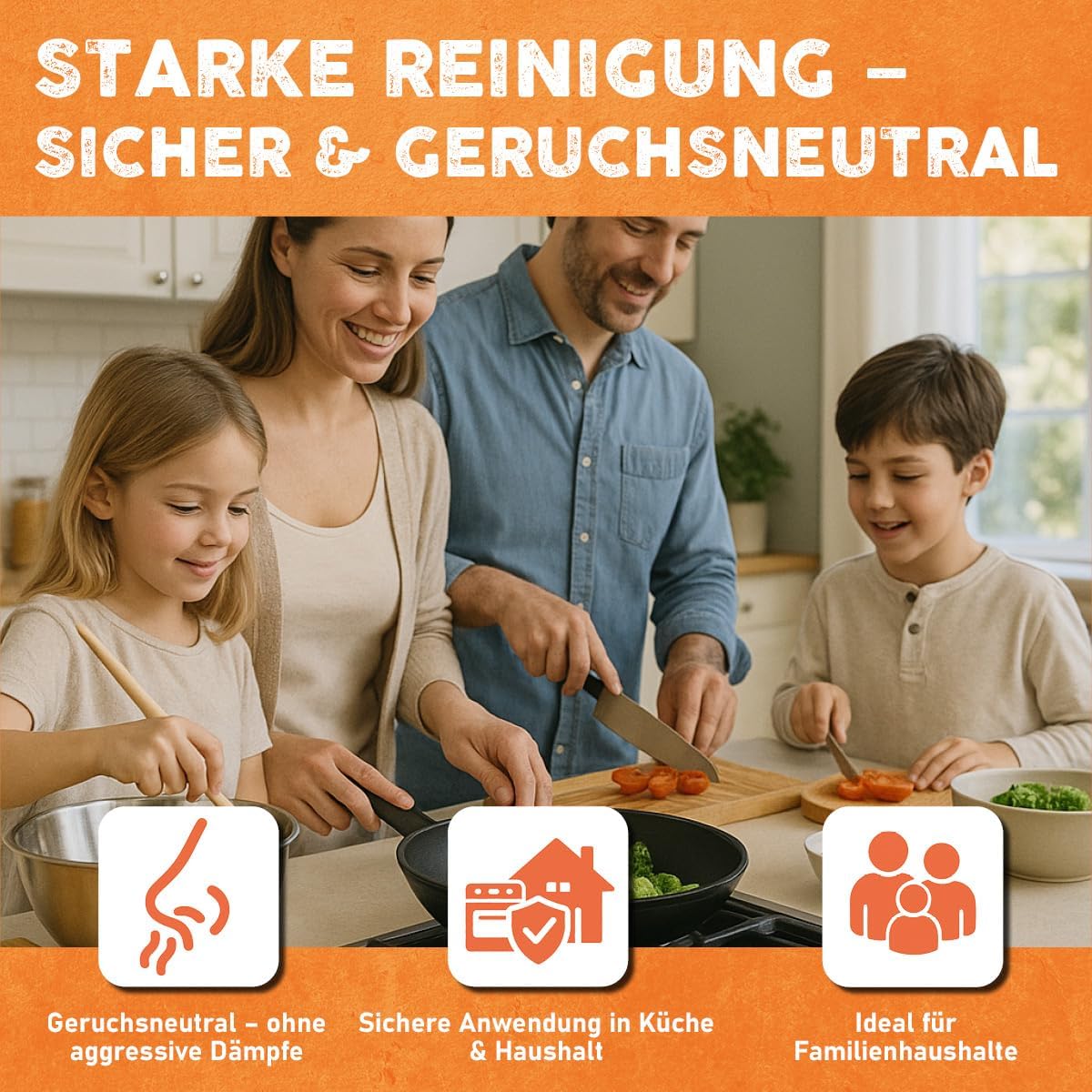 Familie kocht gemeinsam in sauberer Kueche als Symbol fuer sichere und geruchsneutrale Anwendung des Eco Clean Backofen- und Grillreinigers.