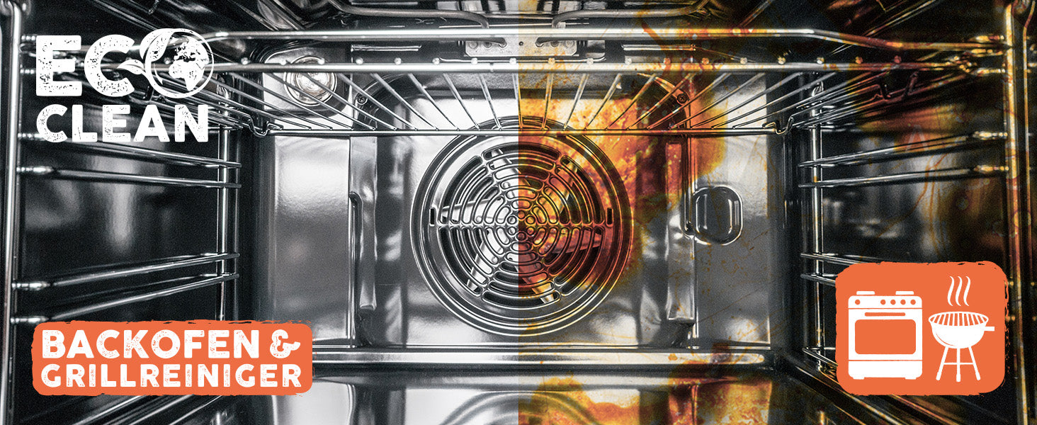 Geteilter Backofen mit sauberer und stark verschmutzter Haelfte als Headerbild fuer Eco Clean Backofen- und Grillreiniger.