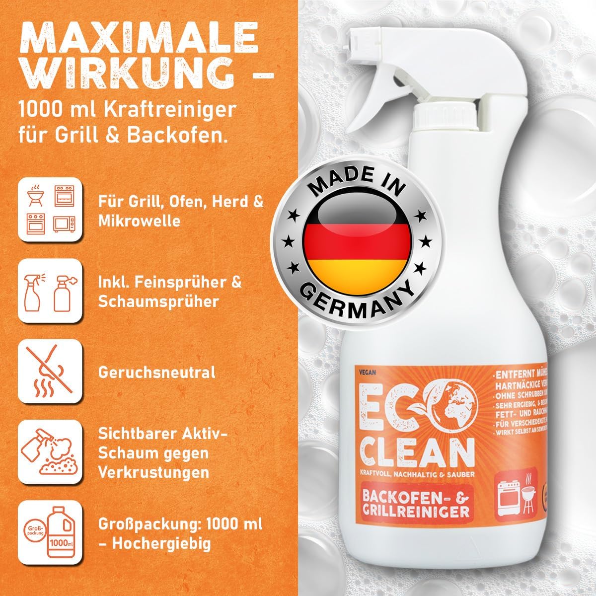 Infografik zum Eco Clean Backofen- und Grillreiniger mit Angaben zu 1000 ml Inhalt, Anwendungsbereichen und Made in Germany Hinweis.