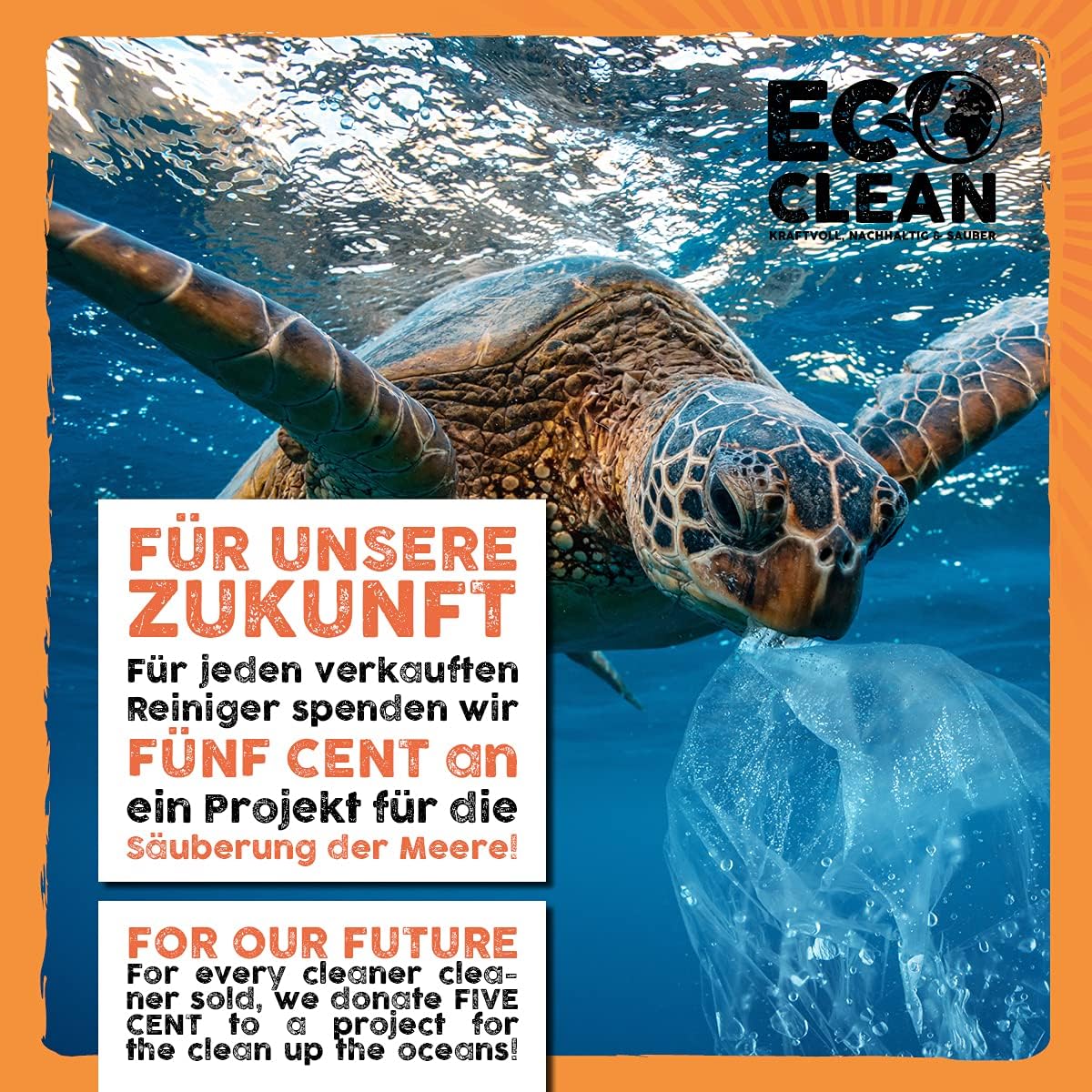Meeresschildkroete unter Wasser mit Plastikbeutel als Hinweis auf Umweltengagement von Eco Clean Backofen- und Grillreiniger.