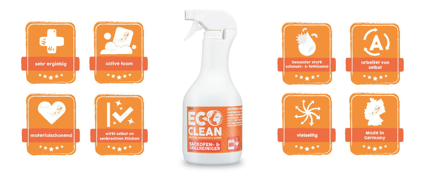 Eco Clean Backofen- und Grillreiniger 1 Liter mit Icons zu Eigenschaften wie ergiebig, Aktivschaum, materialschonend und Made in Germany.