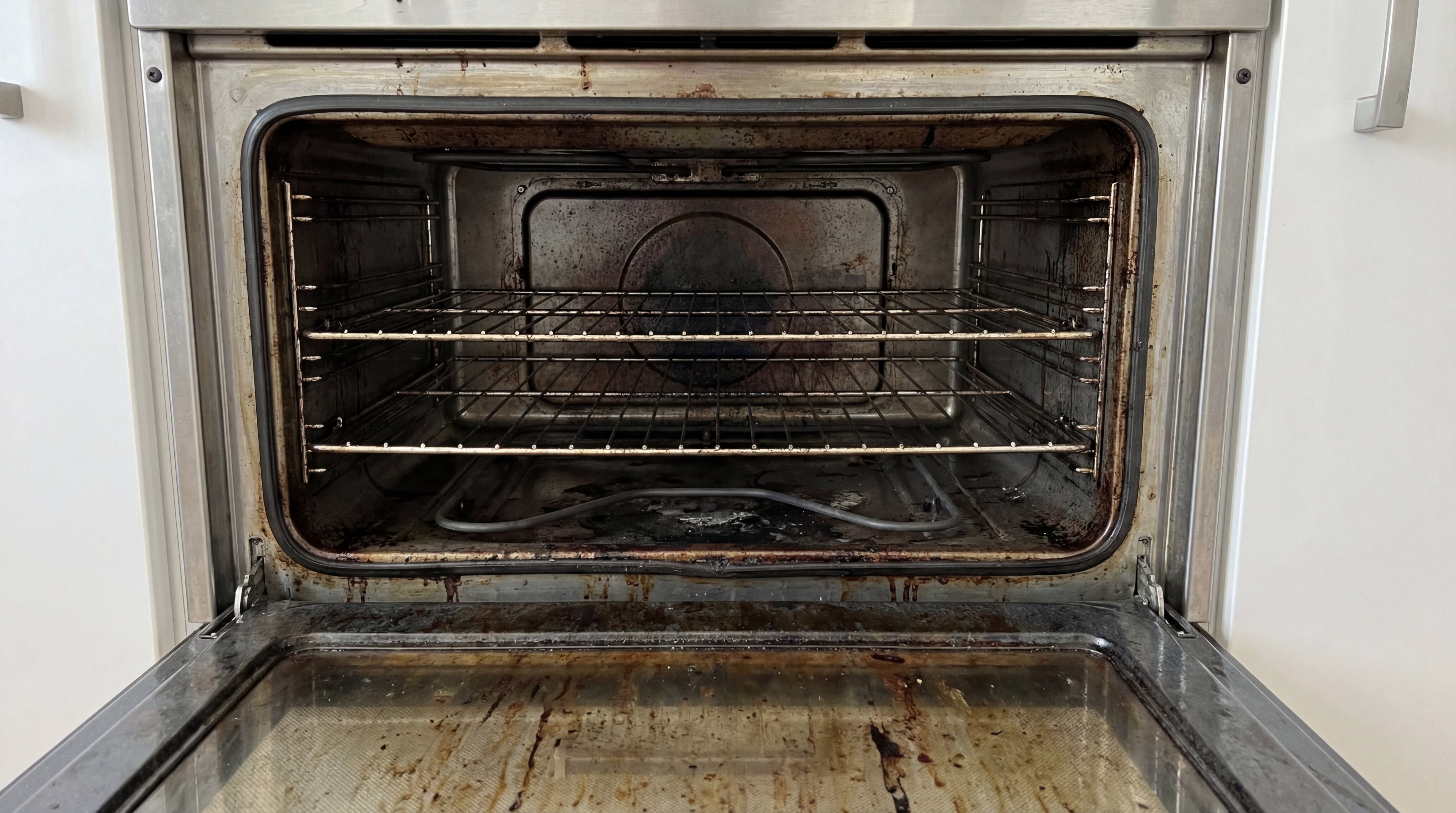 Stark verschmutzter Backofeninnenraum mit eingebrannten Fett- und Speiseresten vor der Reinigung mit Eco Clean Backofen- und Grillreiniger.