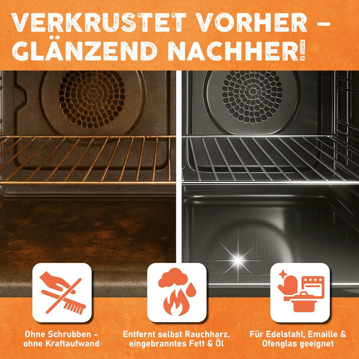 Vergleich eines stark verschmutzten und eines gereinigten Backofens mit dem Eco Clean Backofen- und Grillreiniger.